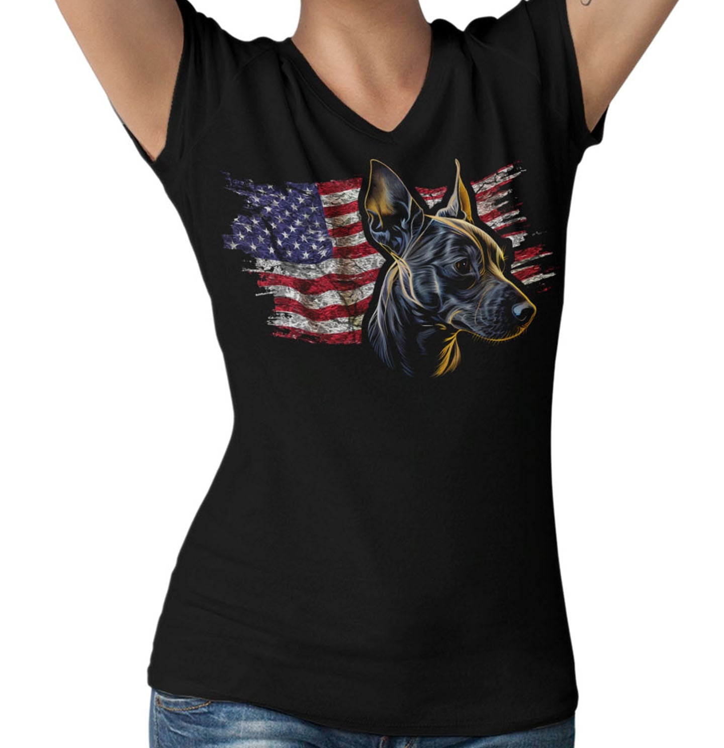 Patriotic American Hairless Terrier American Flag - Women's V-Neck T-Shirt