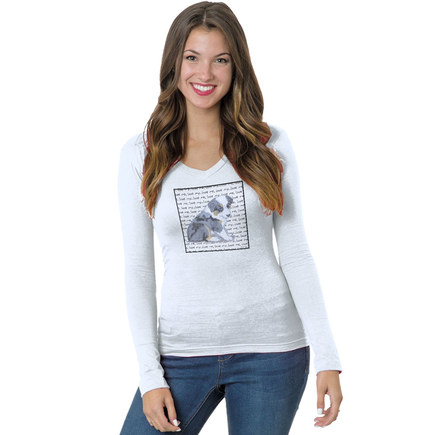 Australian Shepherd Puppy Love Text - Women's V-Neck Long Sleeve T-Shirt