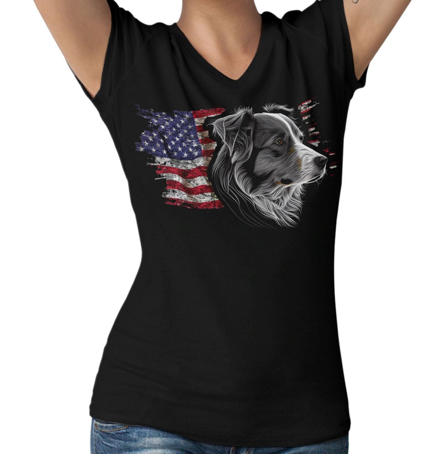 Patriotic Australian Shepherd American Flag - Women's V-Neck T-Shirt