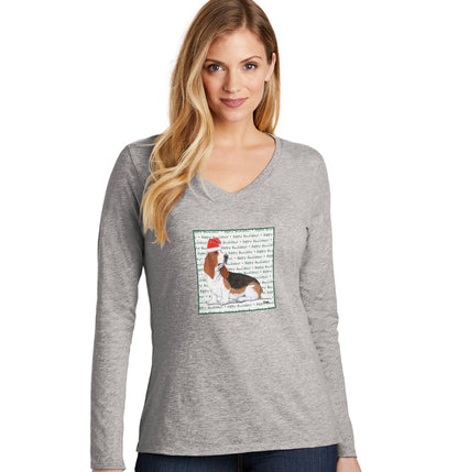 Basset Hound Happy Howlidays Text - Women's V-Neck Long Sleeve T-Shirt