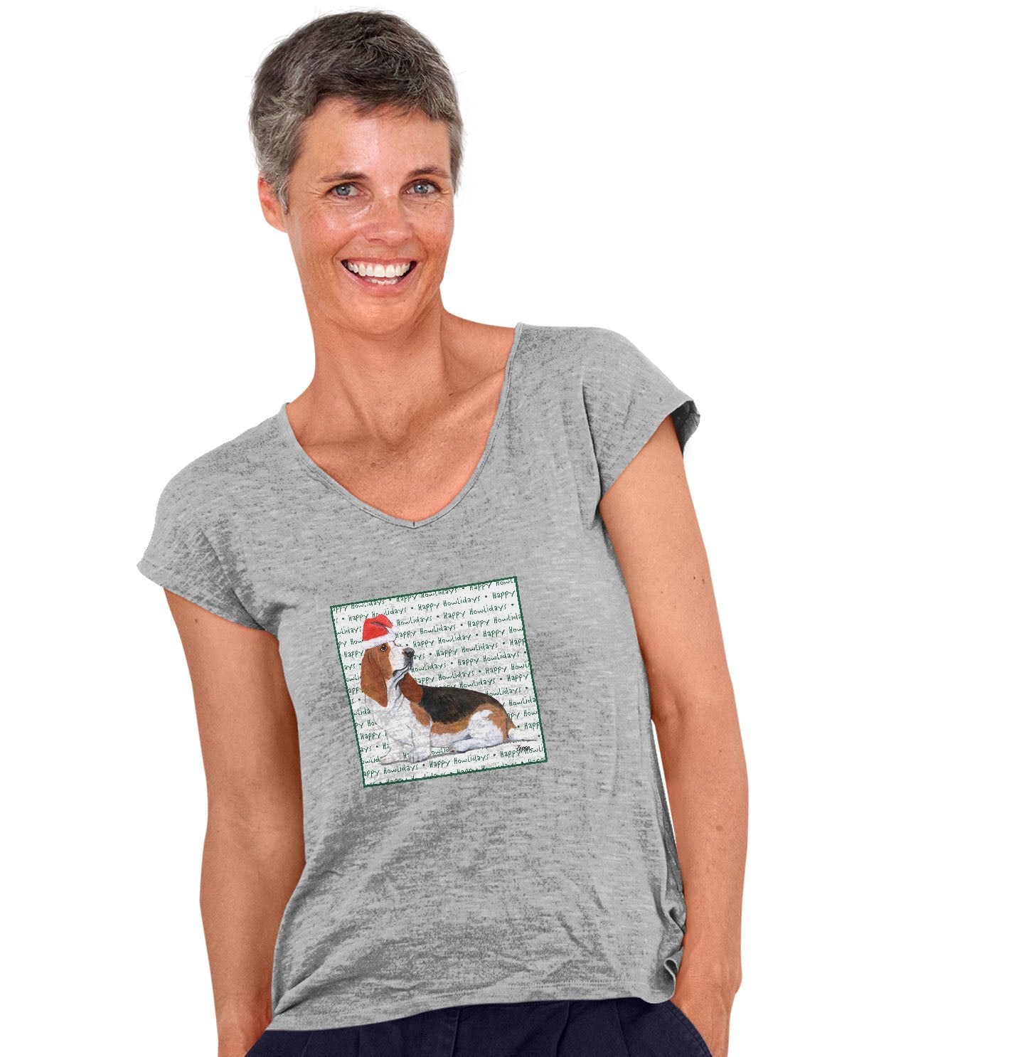 Basset Hound Happy Howlidays Text - Women's V-Neck T-Shirt