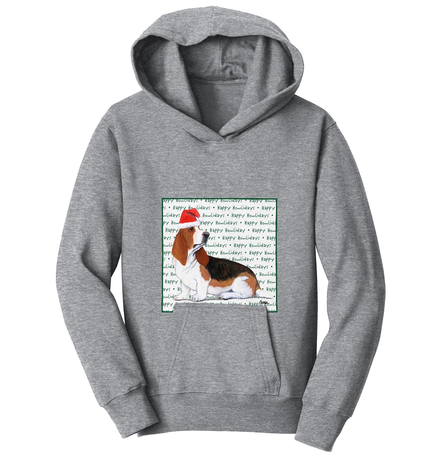 Basset Hound Happy Howlidays Text - Kids' Unisex Hoodie Sweatshirt