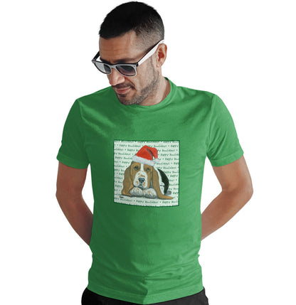 Basset Hound Puppy Happy Howlidays Text - Adult Unisex T-Shirt