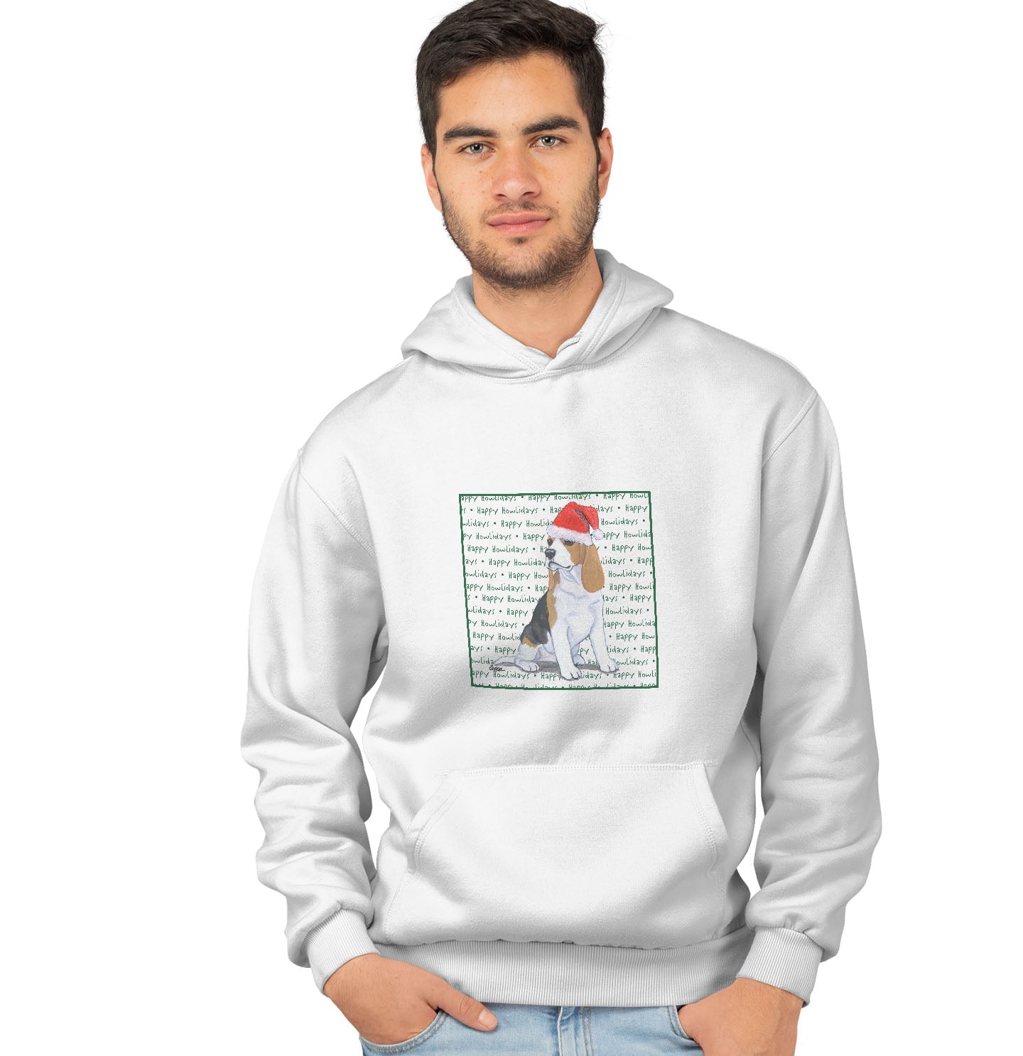 Beagle Puppy Happy Howlidays Text - Adult Unisex Hoodie Sweatshirt