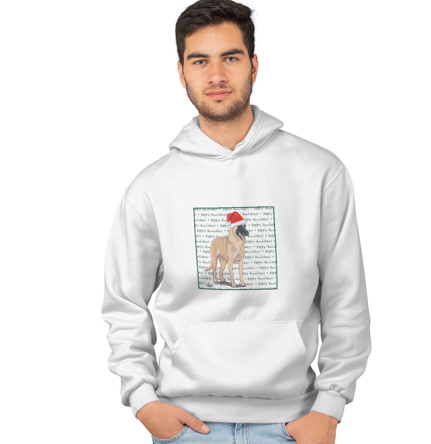 Belgian Malinois Happy Howlidays Text - Adult Unisex Hoodie Sweatshirt