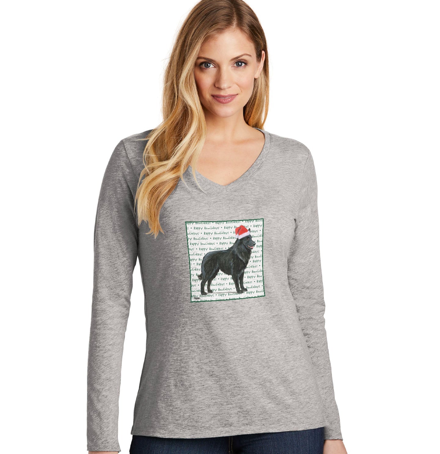 Belgian Sheepdog Happy Howlidays Text - Women's V-Neck Long Sleeve T-Shirt