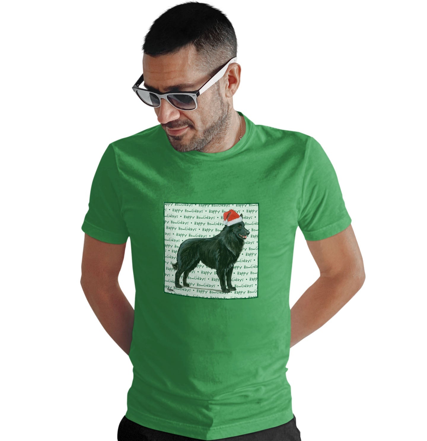 Belgian Sheepdog Happy Howlidays Text - Adult Unisex T-Shirt