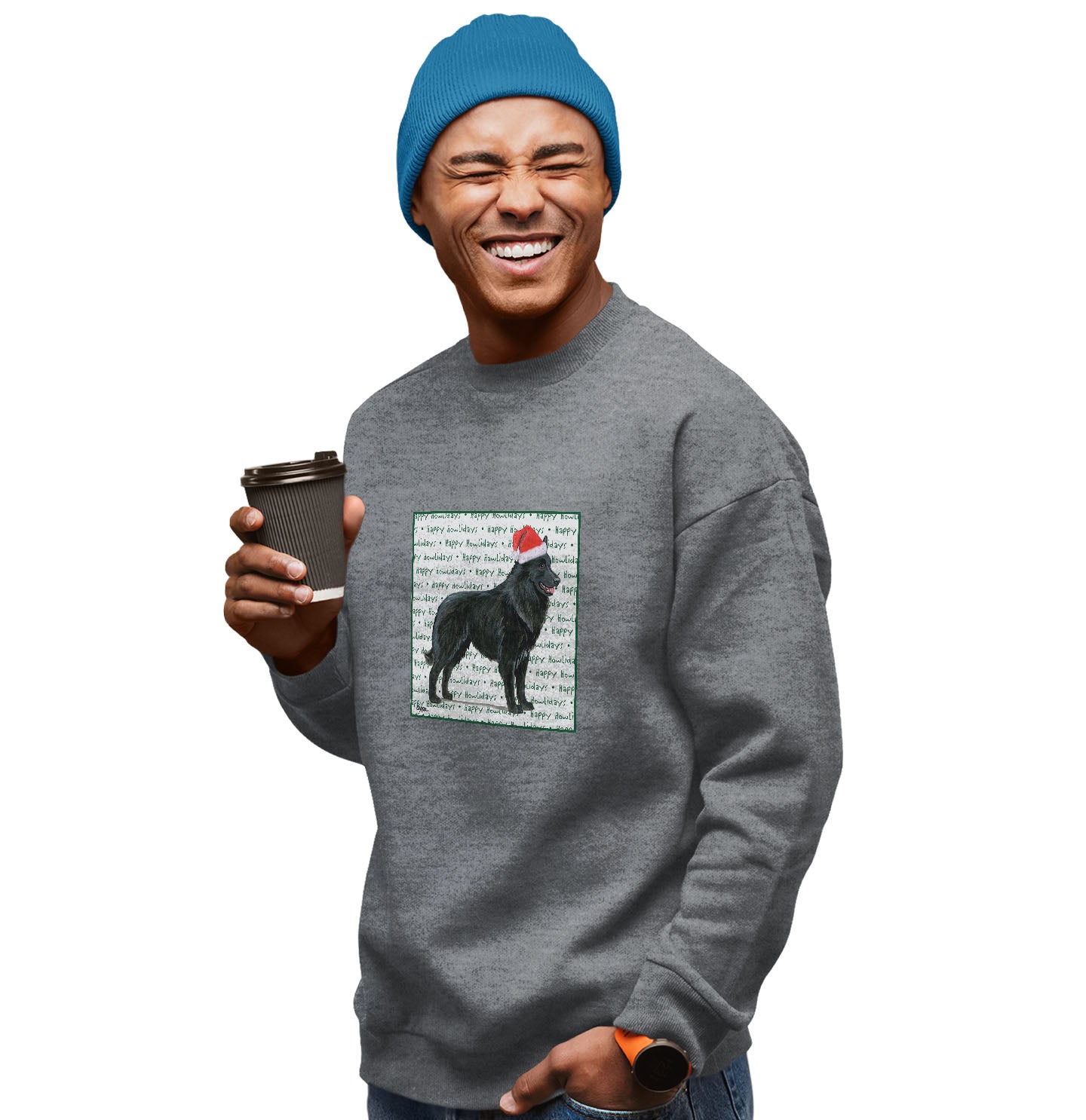 Belgian Sheepdog Happy Howlidays Text - Adult Unisex Crewneck Sweatshirt