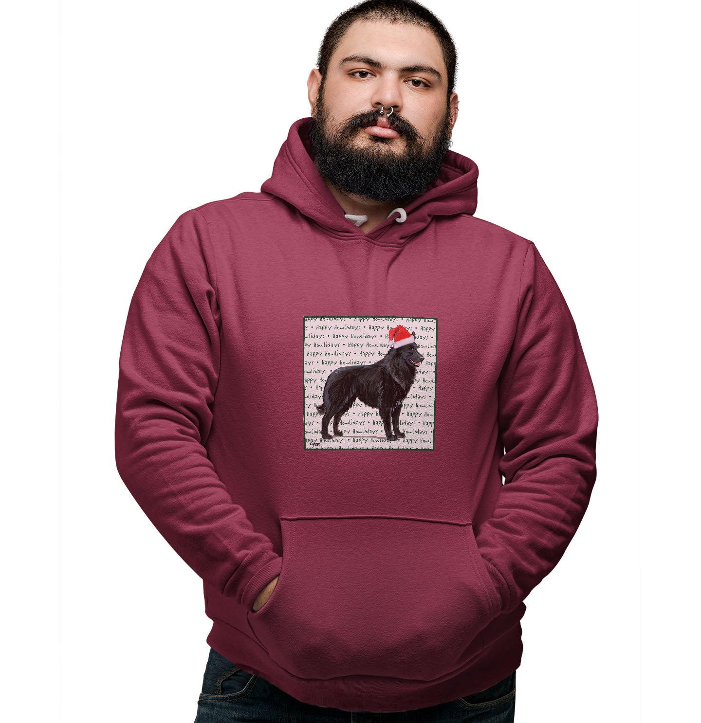 Belgian Sheepdog Happy Howlidays Text - Adult Unisex Hoodie Sweatshirt