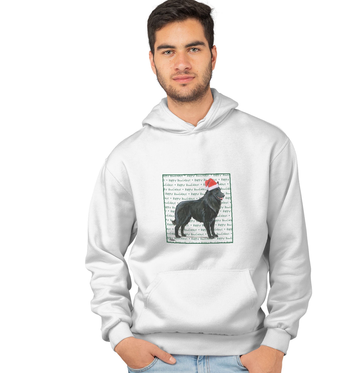 Belgian Sheepdog Happy Howlidays Text - Adult Unisex Hoodie Sweatshirt