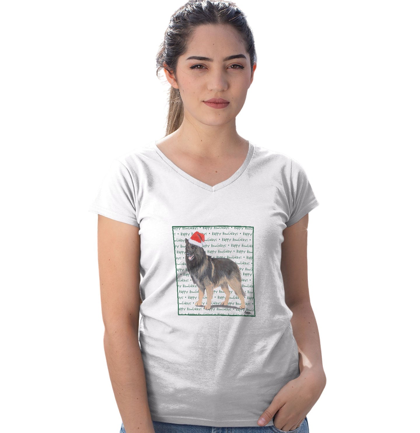 Belgian Tervuren Happy Howlidays Text - Women's V-Neck T-Shirt