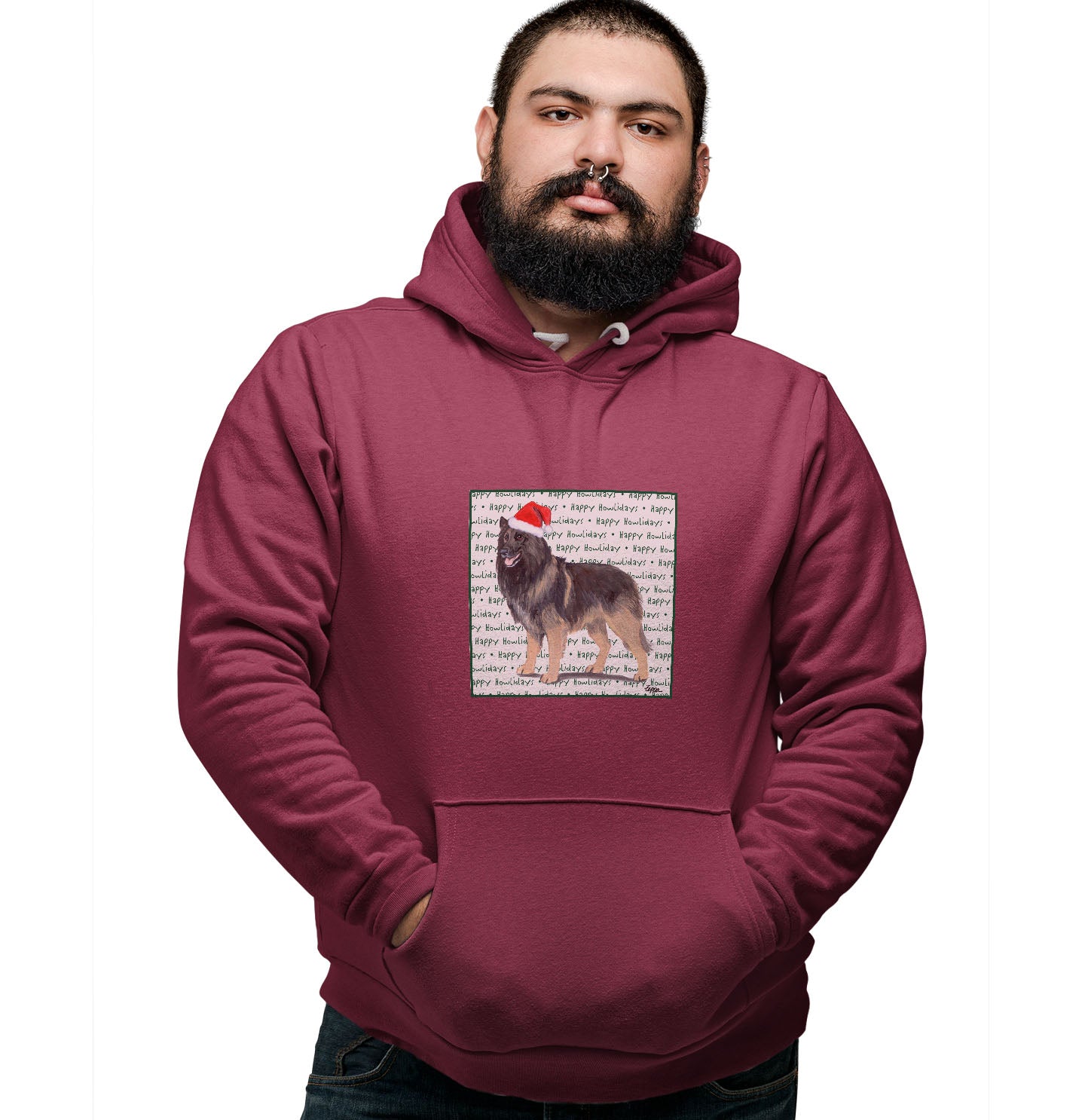 Belgian Tervuren Happy Howlidays Text - Adult Unisex Hoodie Sweatshirt