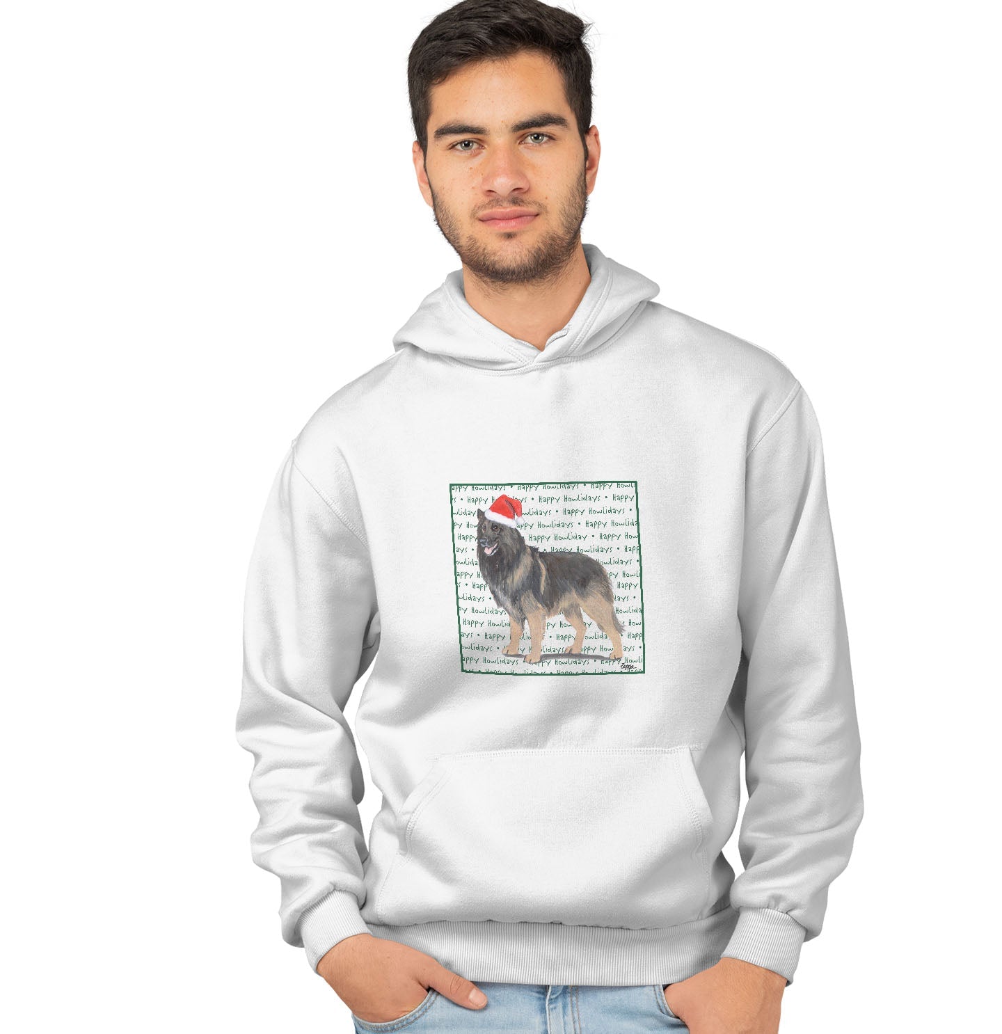 Belgian Tervuren Happy Howlidays Text - Adult Unisex Hoodie Sweatshirt