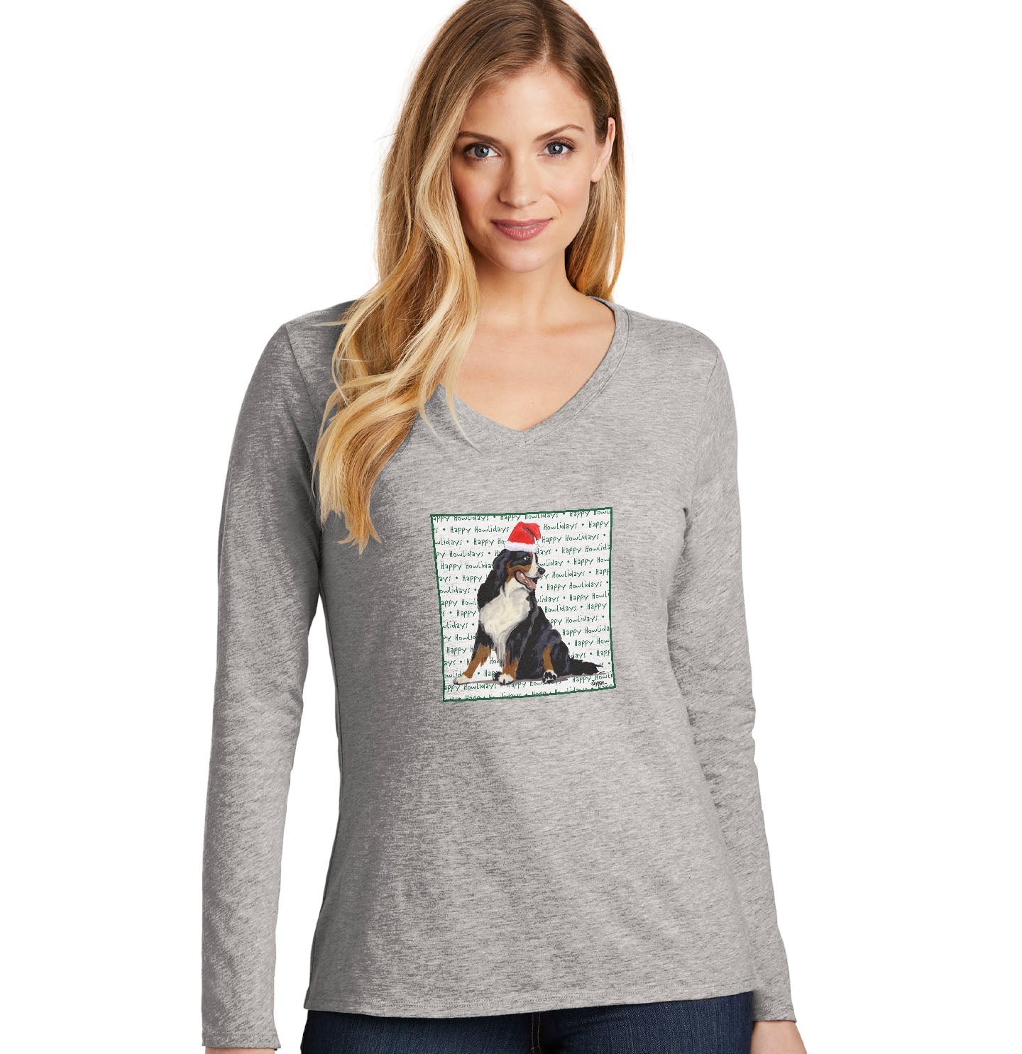 Bernese Mountain Dog Happy Howlidays Text - Women's V-Neck Long Sleeve T-Shirt
