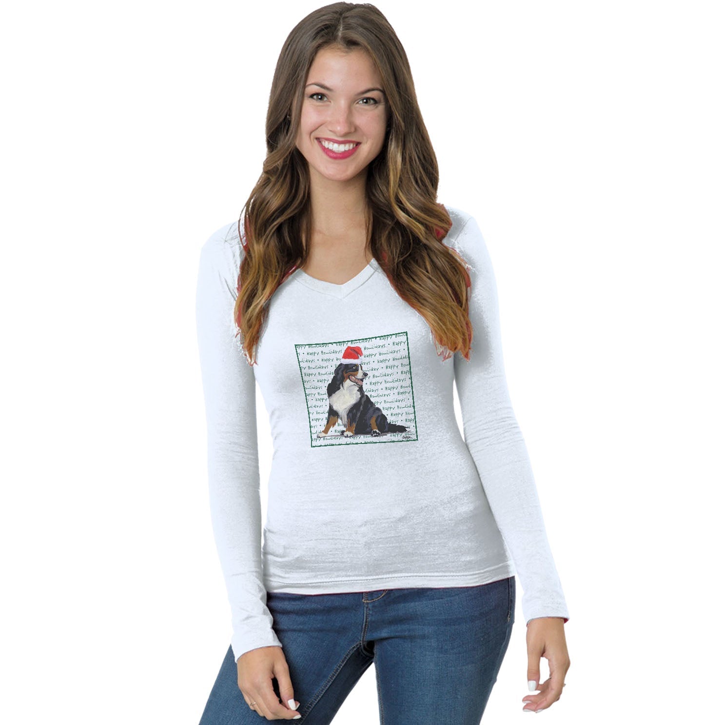 Bernese Mountain Dog Happy Howlidays Text - Women's V-Neck Long Sleeve T-Shirt