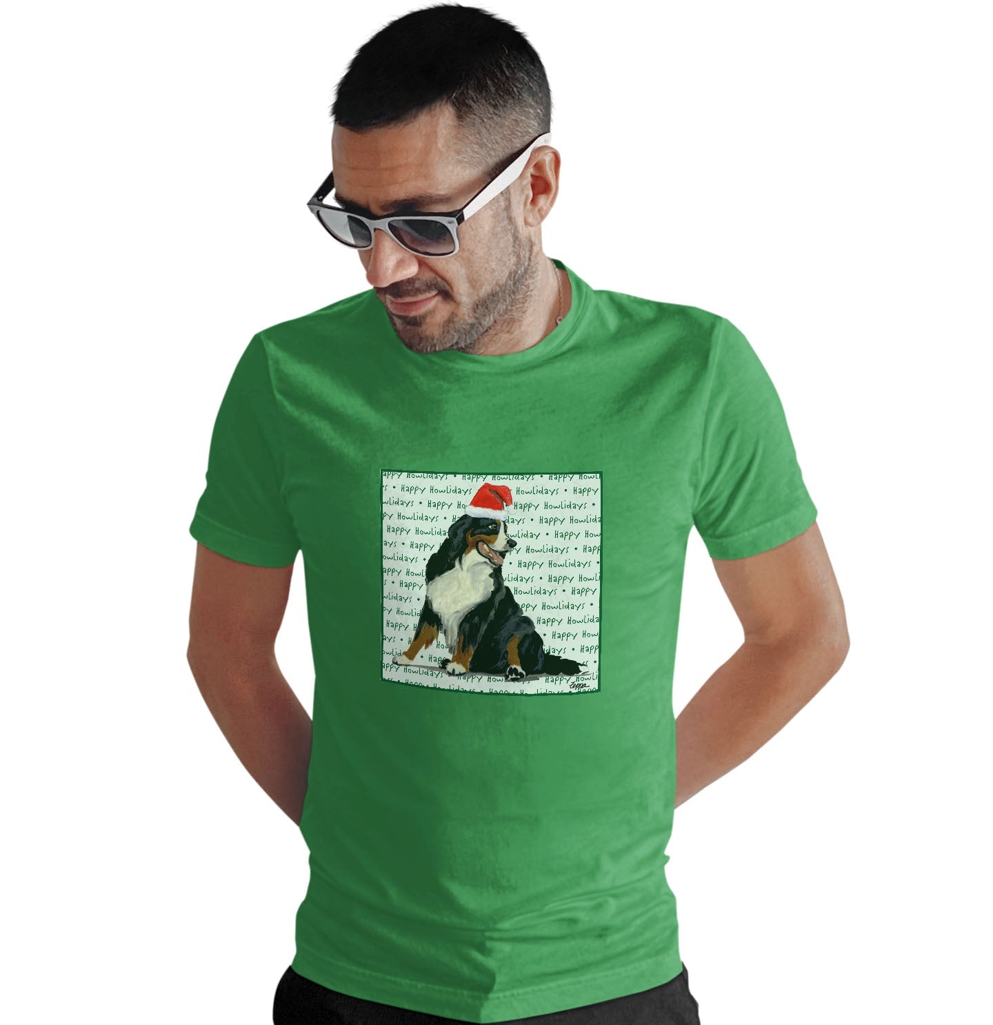 Bernese Mountain Dog Happy Howlidays Text - Adult Unisex T-Shirt