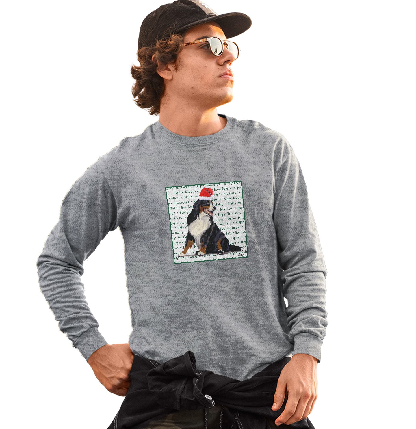Bernese Mountain Dog Happy Howlidays Text - Adult Unisex Long Sleeve T-Shirt
