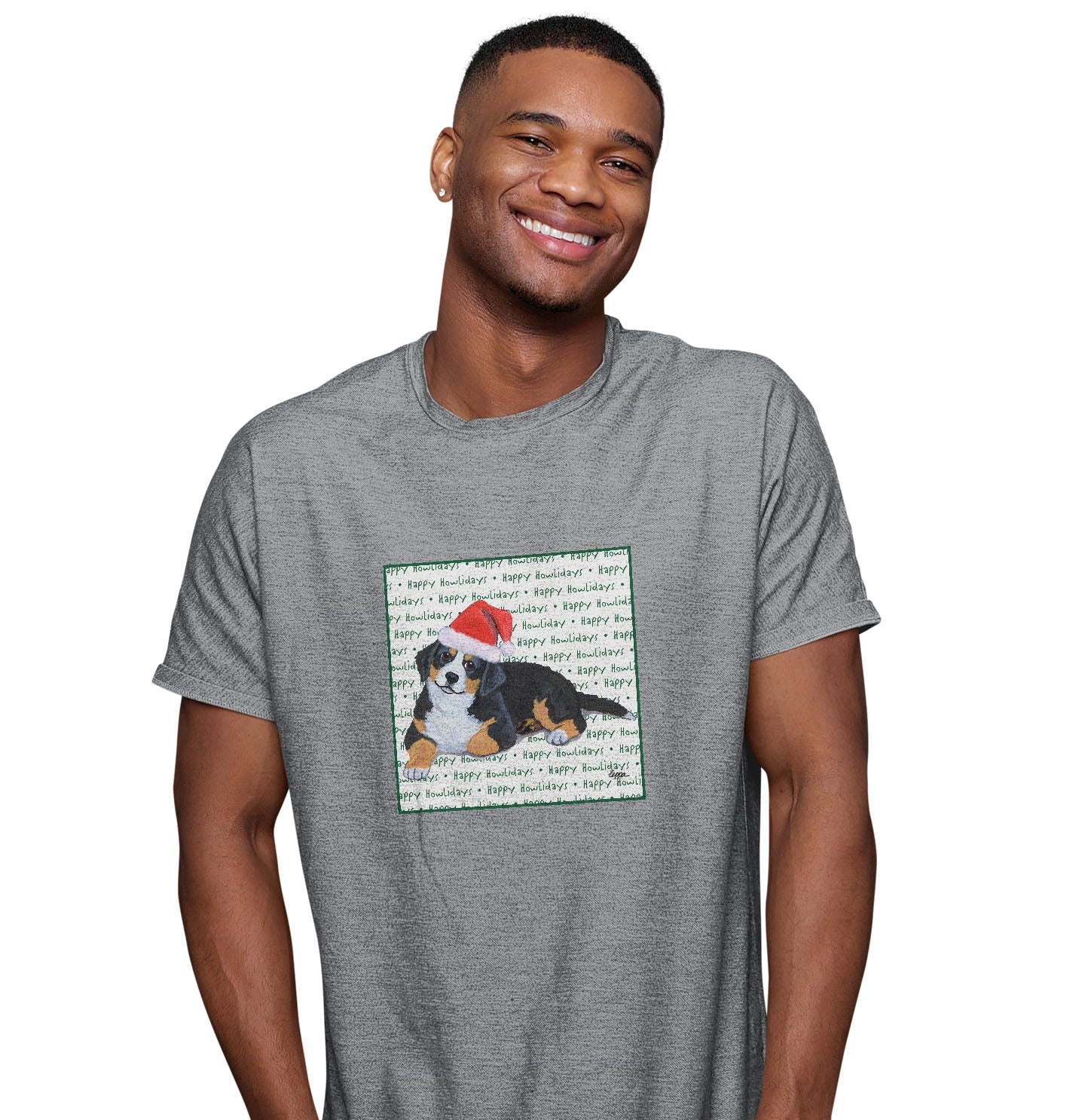 Bernese Mountain Dog Puppy Happy Howlidays Text - Adult Unisex T-Shirt