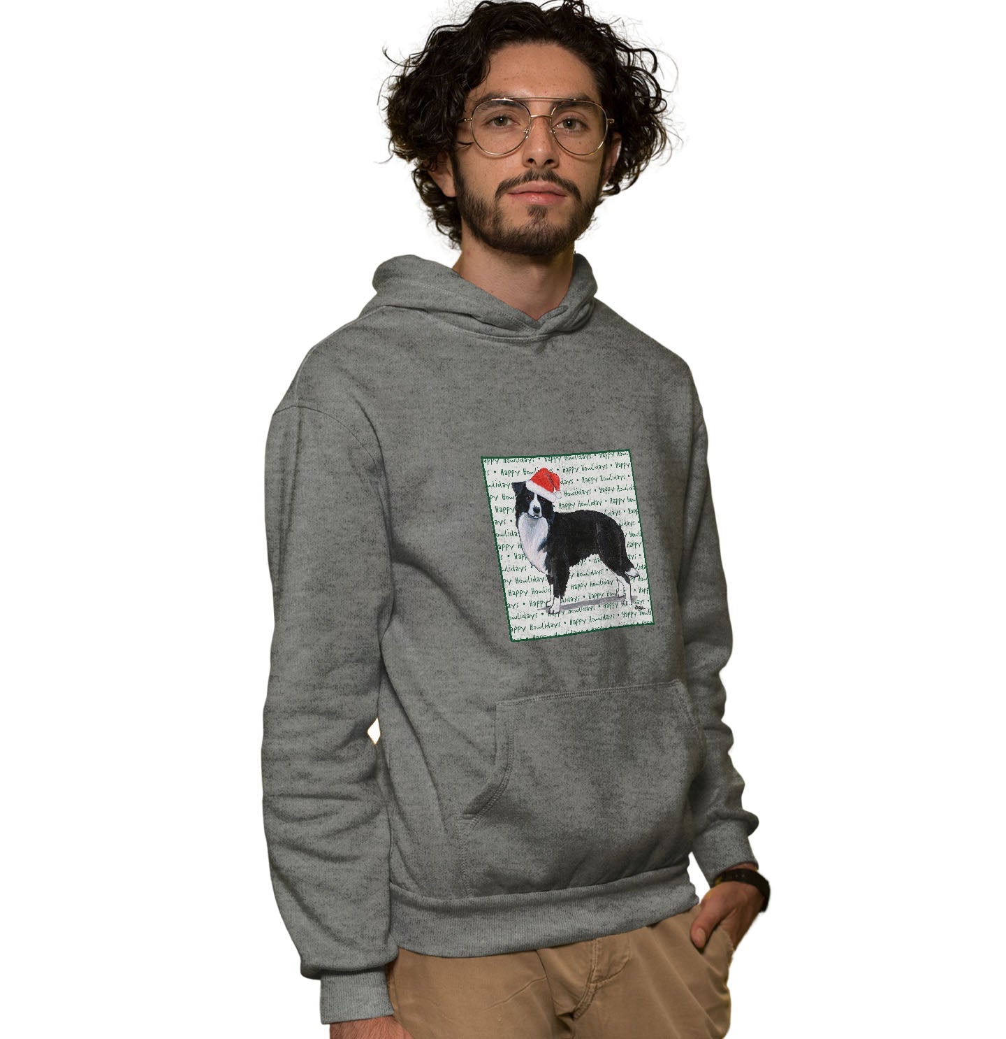 Border Collie Happy Howlidays Text - Adult Unisex Hoodie Sweatshirt