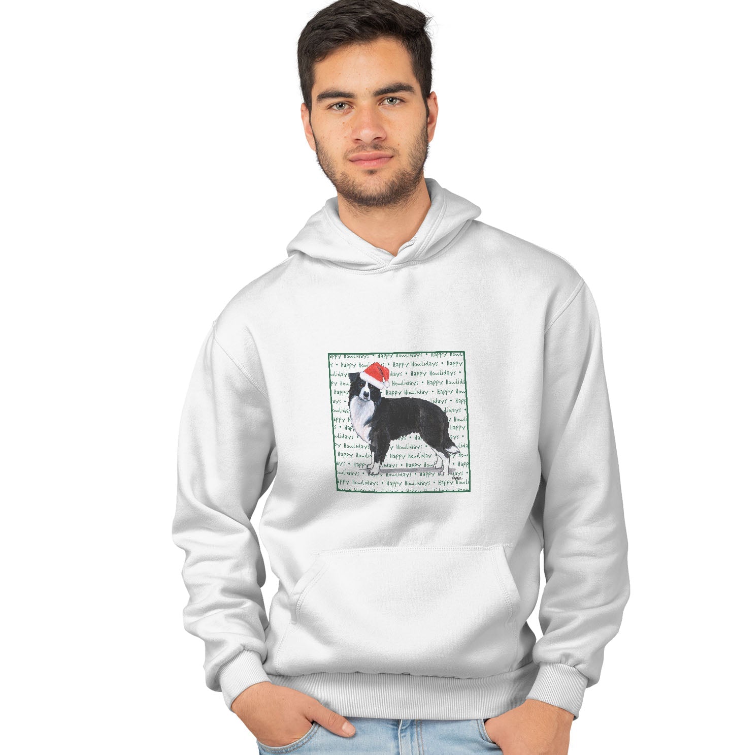 Border Collie Happy Howlidays Text - Adult Unisex Hoodie Sweatshirt