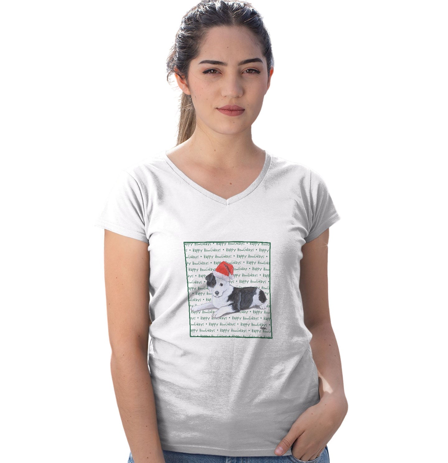 Border Collie Puppy Happy Howlidays Text - Women's V-Neck T-Shirt