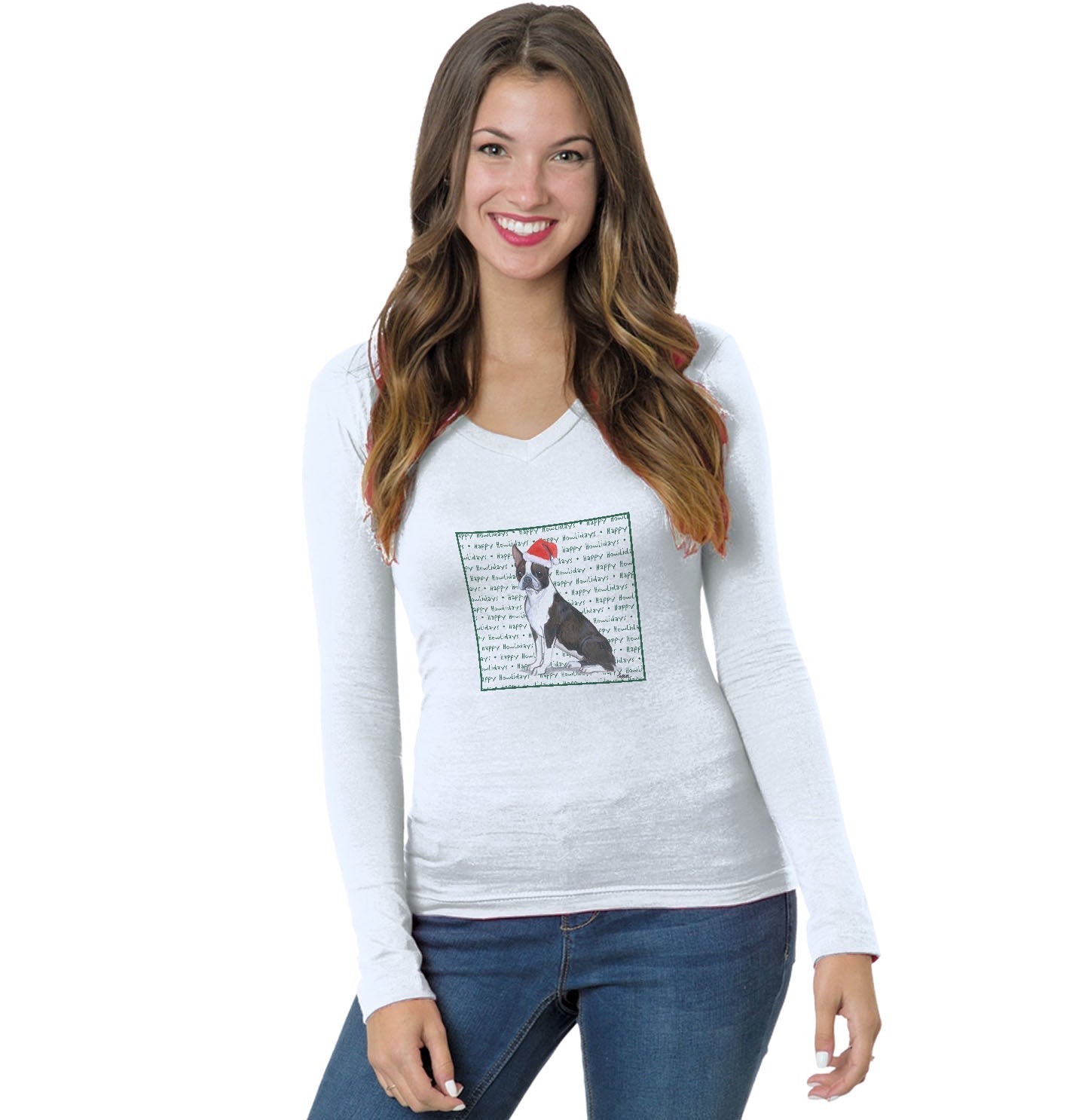 Boston Terrier Happy Howlidays Text - Women's V-Neck Long Sleeve T-Shirt