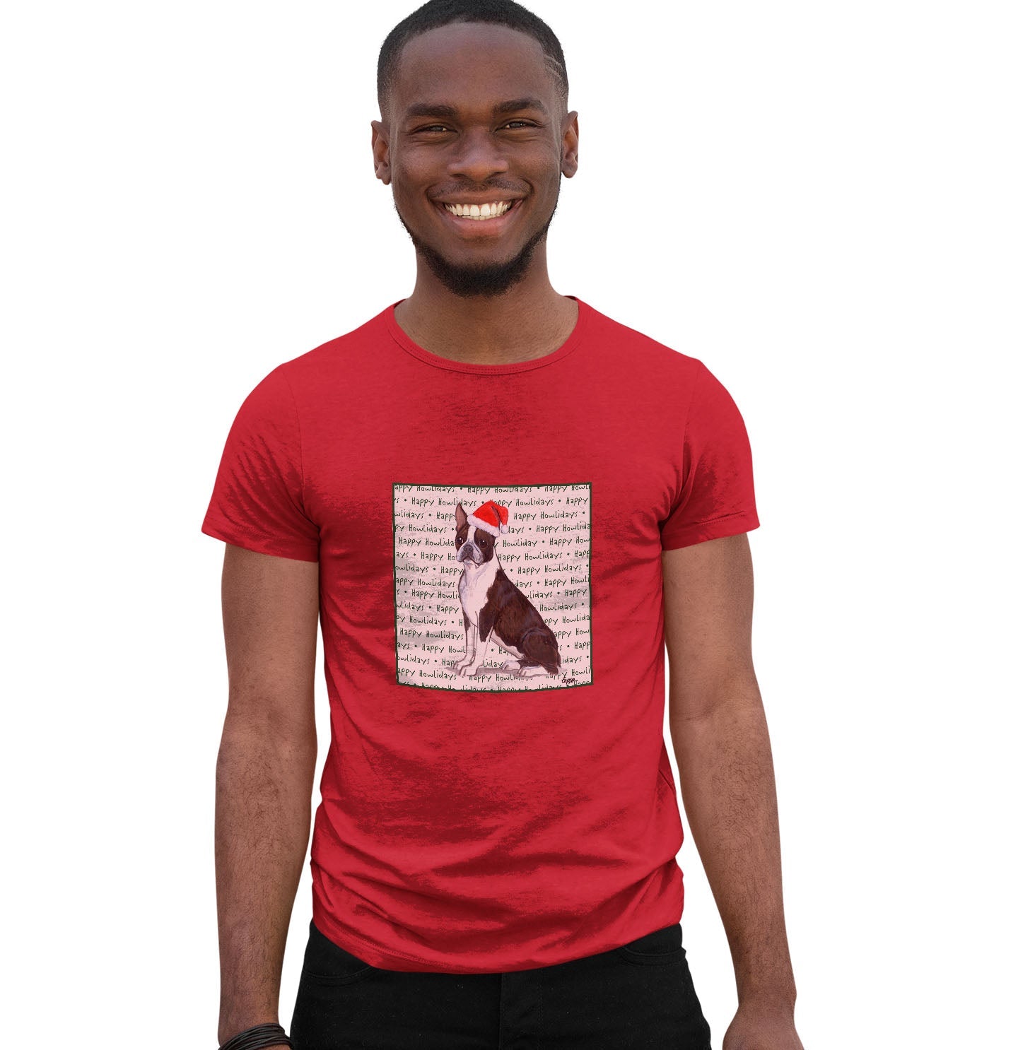 Boston Terrier Happy Howlidays Text - Adult Unisex T-Shirt