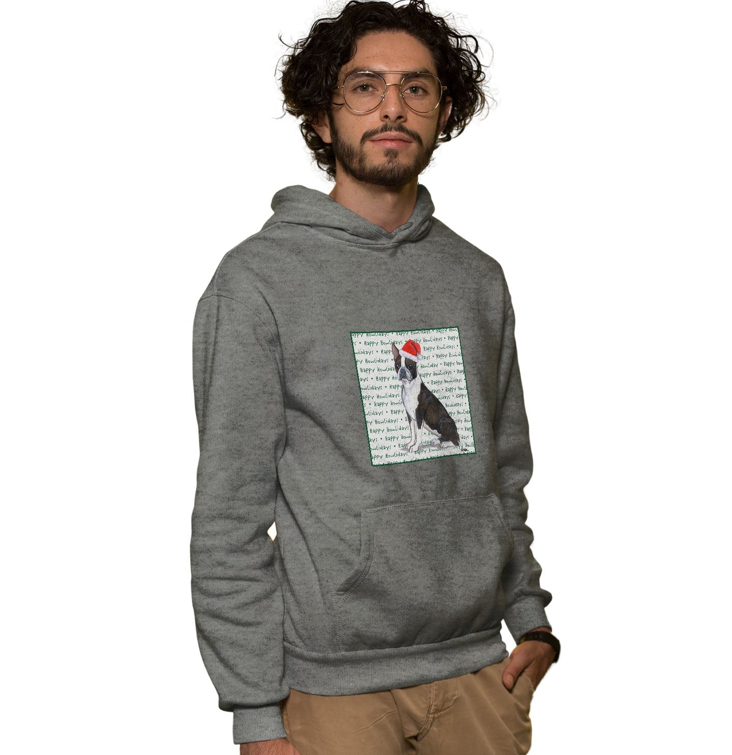 Boston Terrier Happy Howlidays Text - Adult Unisex Hoodie Sweatshirt