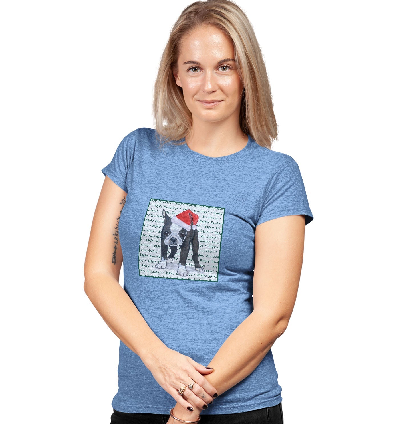 Boston Terrier Puppy Happy Howlidays Text - Women's Tri-Blend T-Shirt
