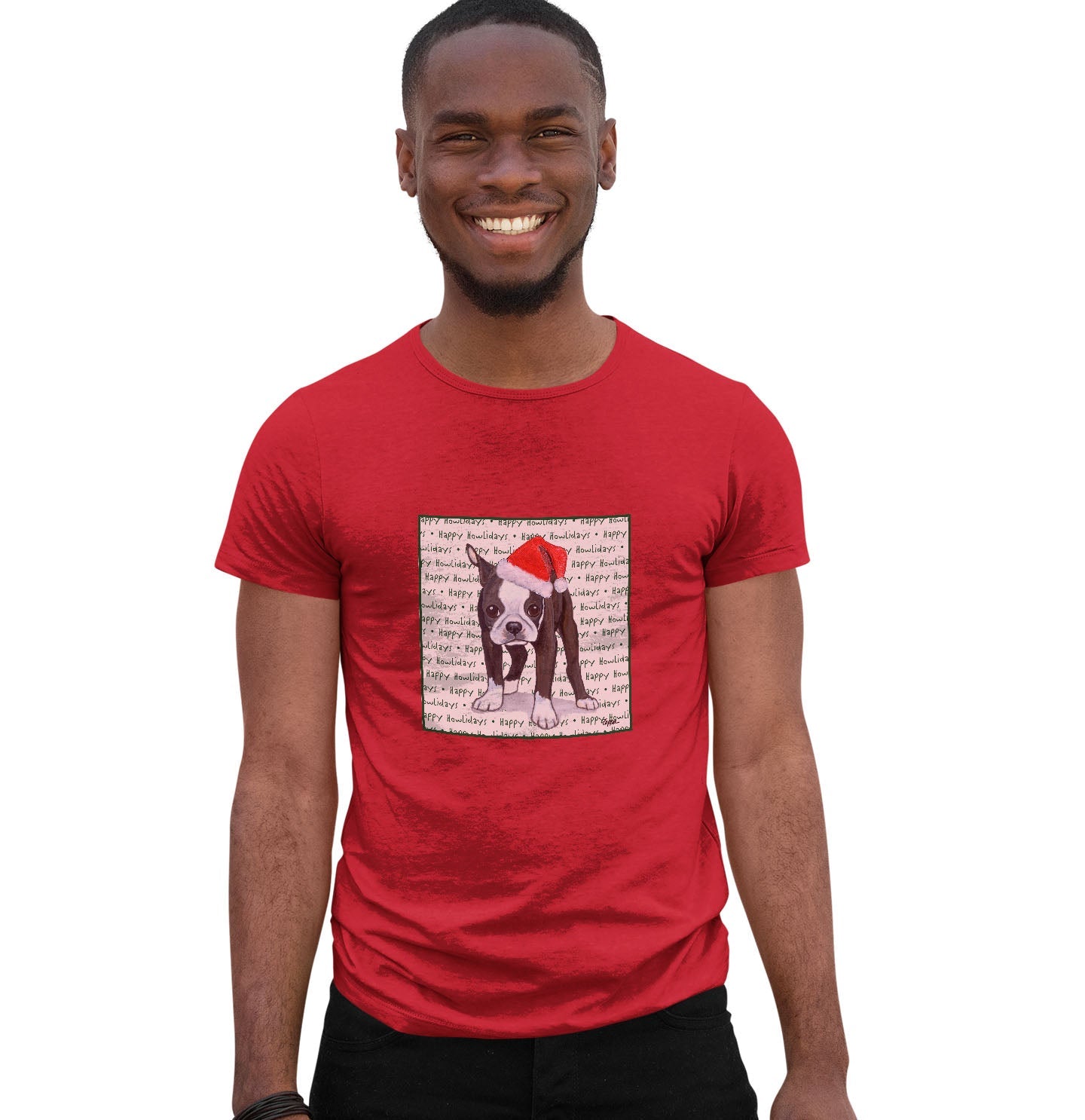 Boston Terrier Puppy Happy Howlidays Text - Adult Unisex T-Shirt