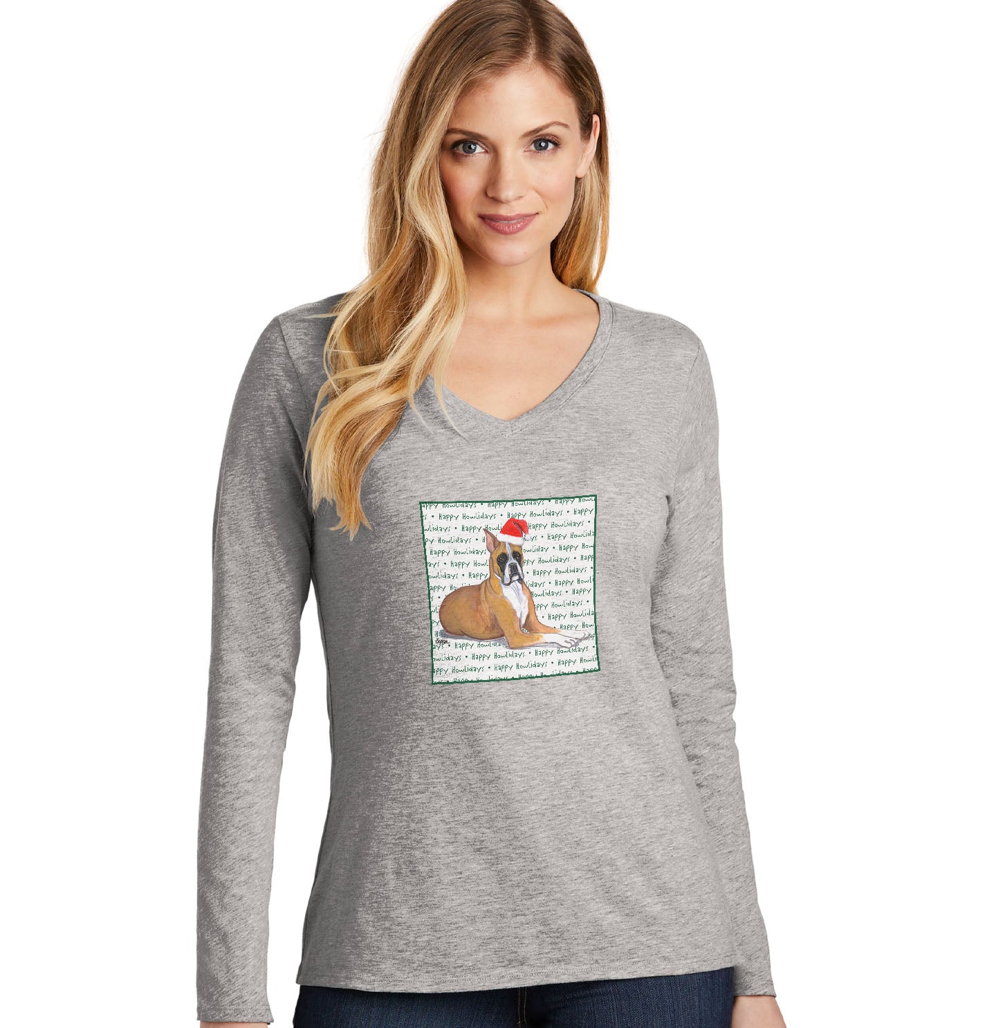 Boxer Happy Howlidays Text - Women's V-Neck Long Sleeve T-Shirt