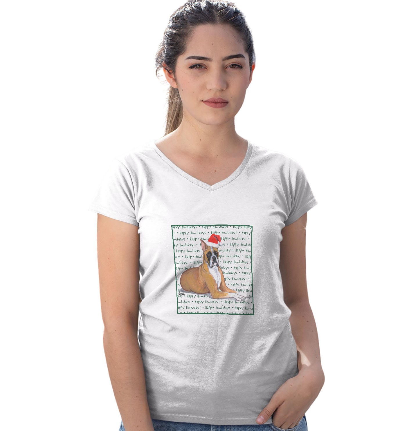 Boxer Happy Howlidays Text - Women's V-Neck T-Shirt