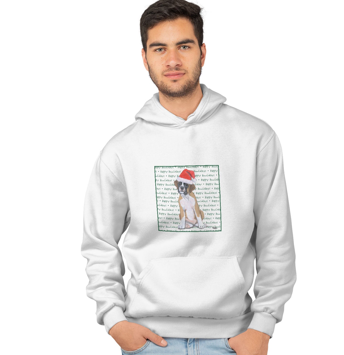 Boxer Puppy Happy Howlidays Text - Adult Unisex Hoodie Sweatshirt