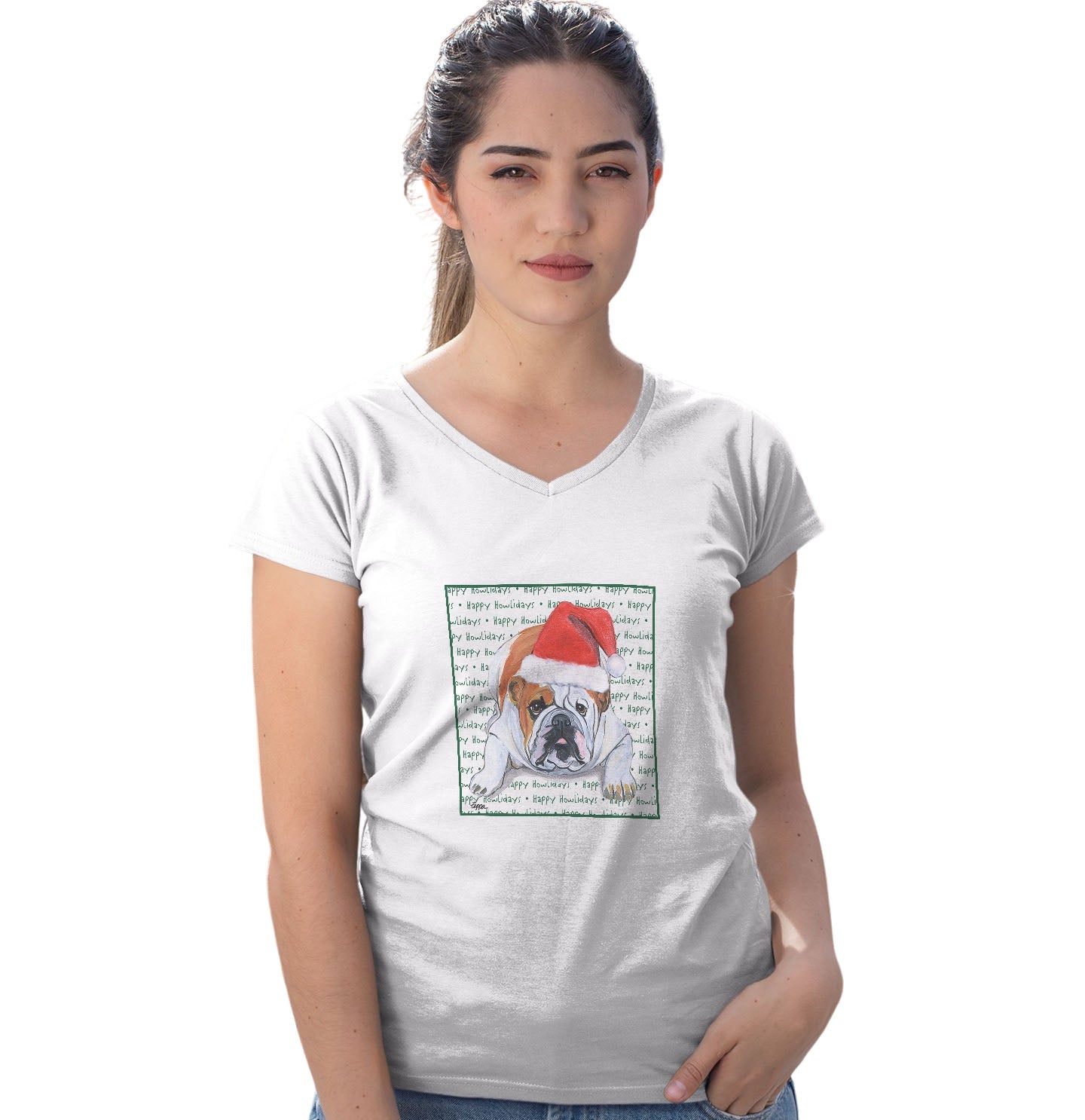 Bulldog Happy Howlidays Text - Women's V-Neck T-Shirt