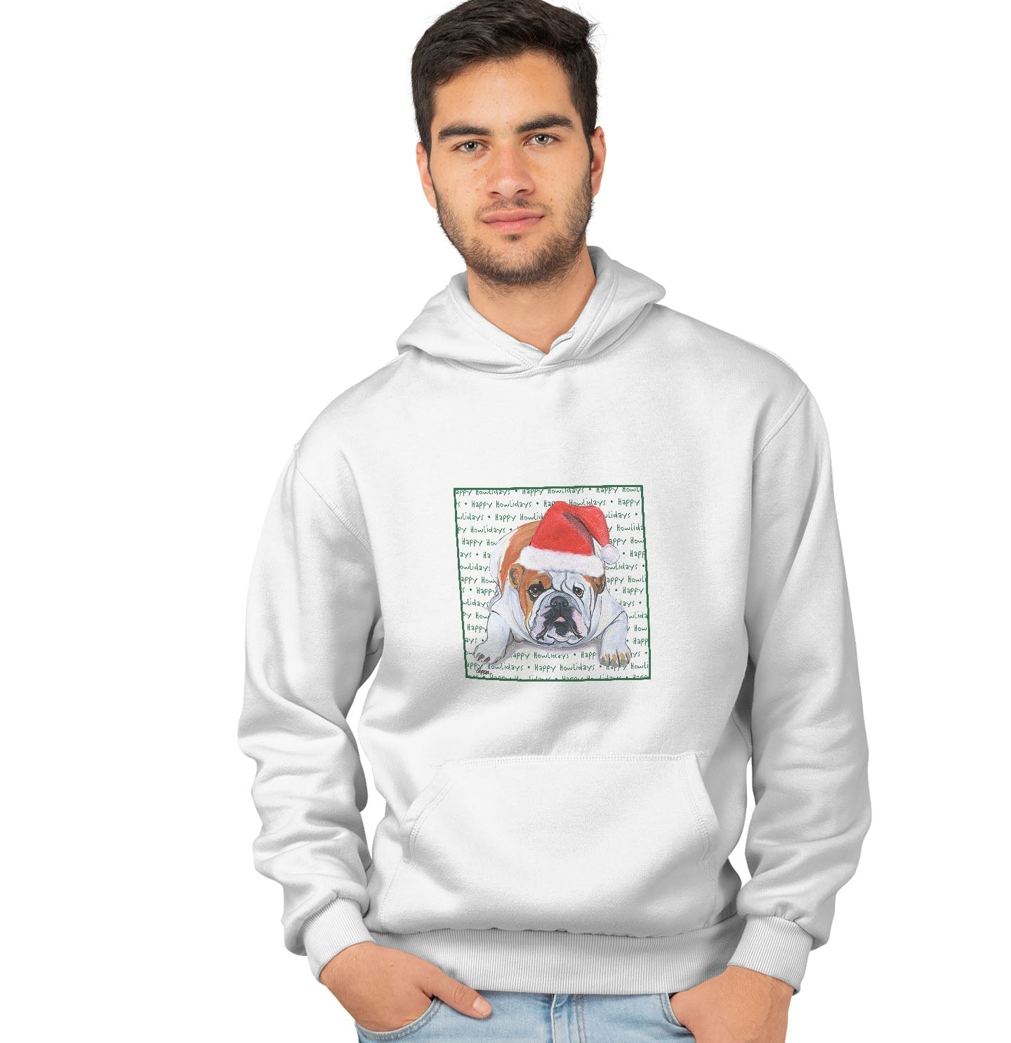 Bulldog Happy Howlidays Text - Adult Unisex Hoodie Sweatshirt