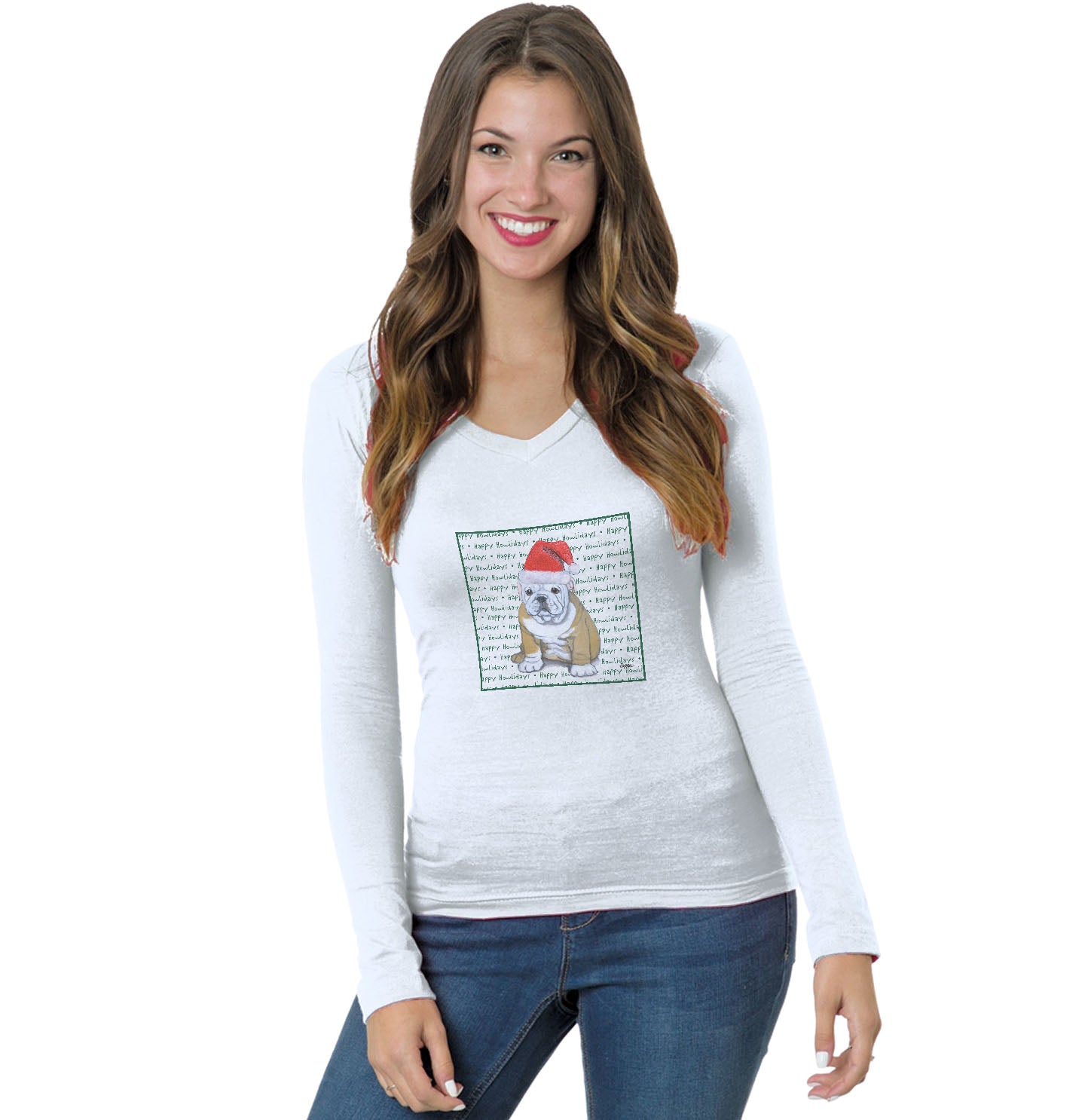 Bulldog Puppy Happy Howlidays Text - Women's V-Neck Long Sleeve T-Shirt