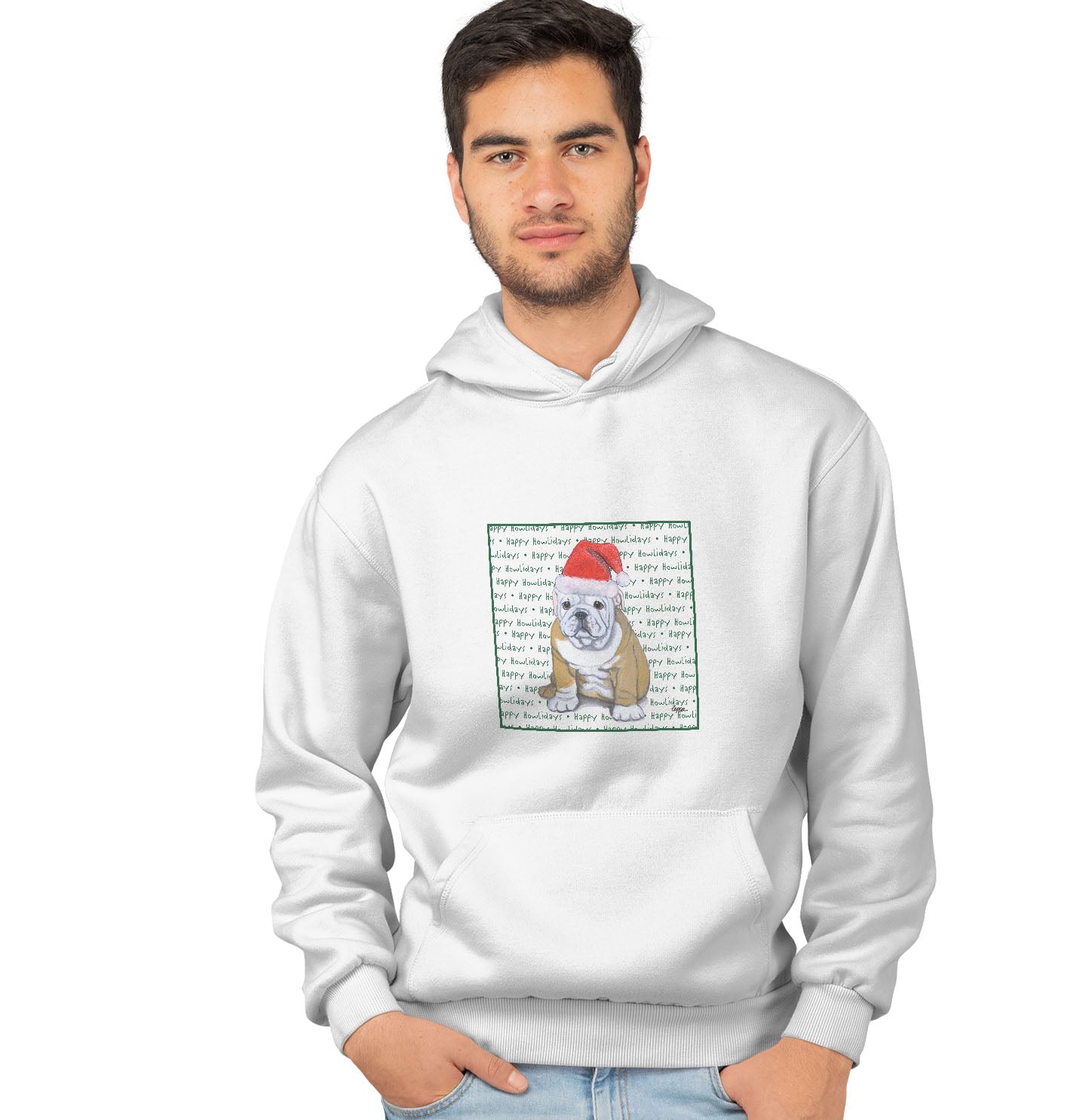 Bulldog Puppy Happy Howlidays Text - Adult Unisex Hoodie Sweatshirt