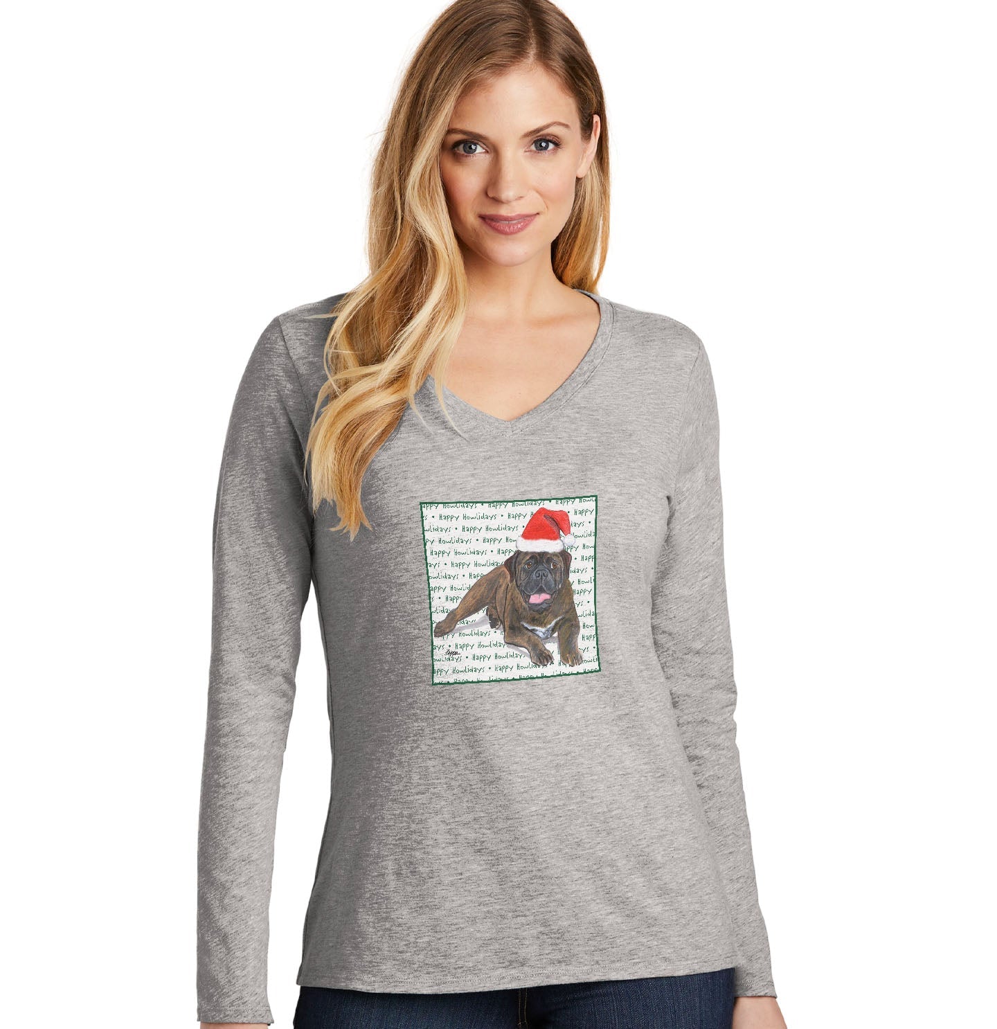 Bullmastiff Happy Howlidays Text - Women's V-Neck Long Sleeve T-Shirt