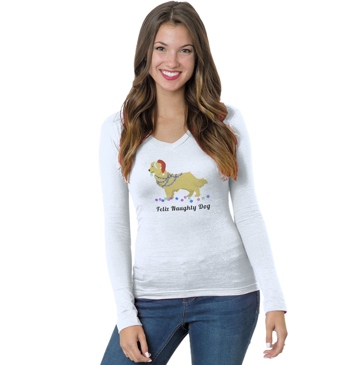 Feliz Naughty Dog Golden Retriever - Women's V-Neck Long Sleeve T-Shirt