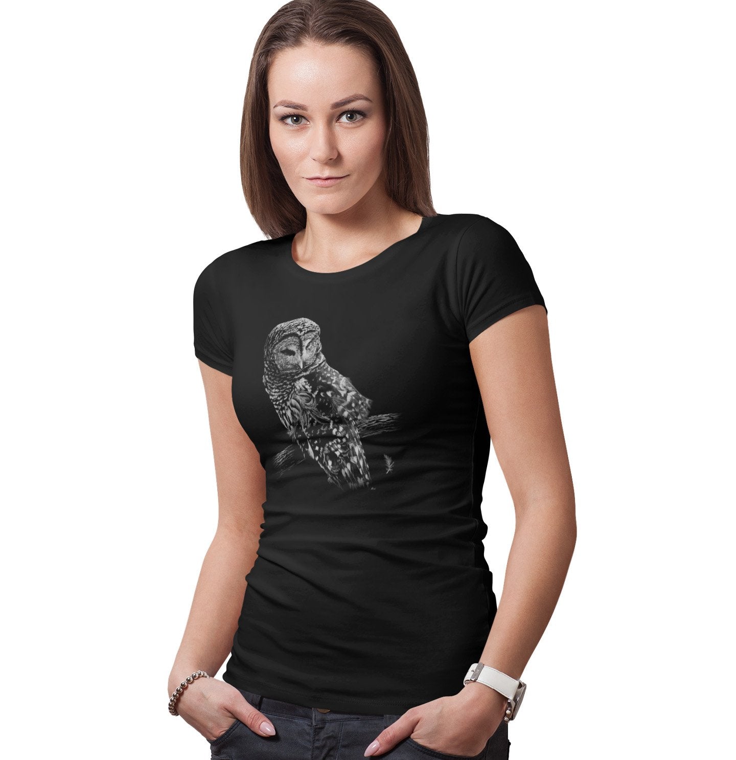Barred Owl on Black - Women's Fitted T-Shirt - Animal Tee