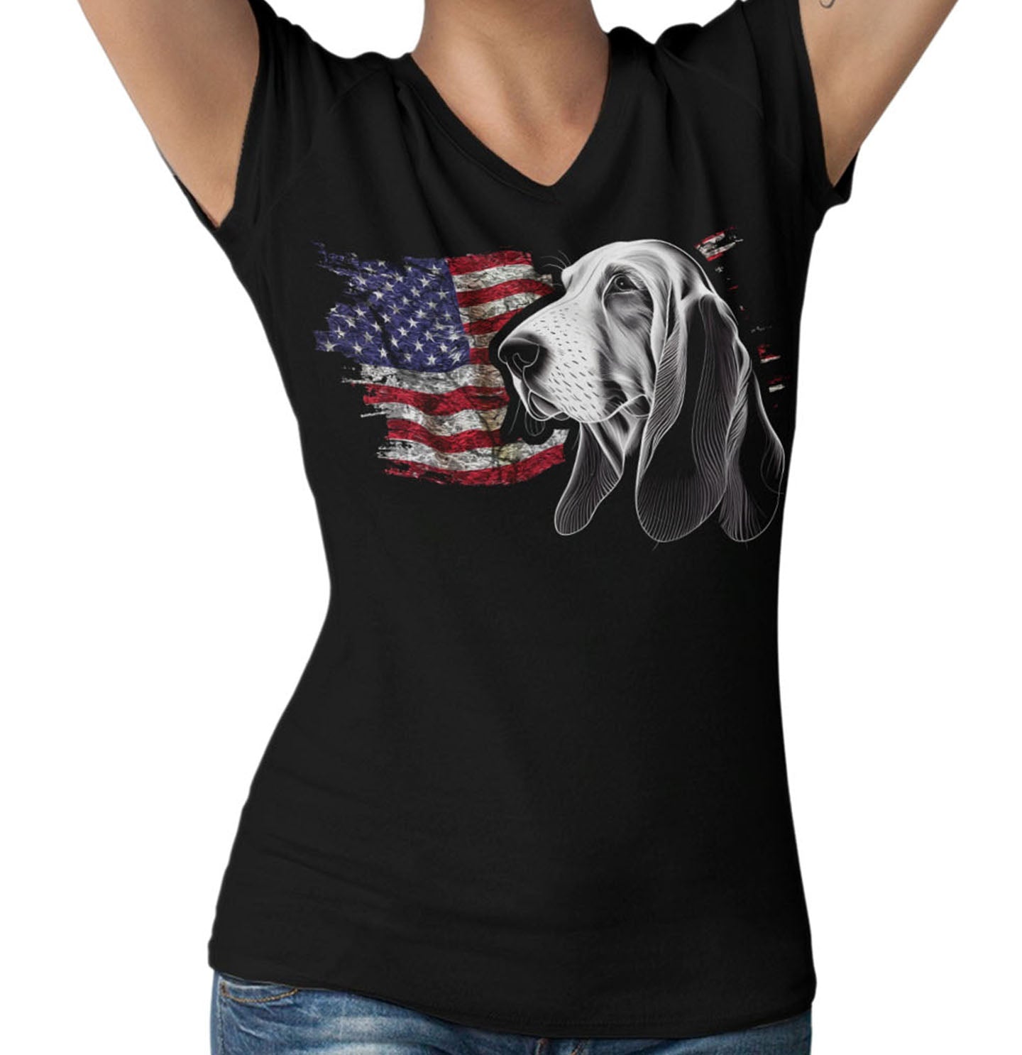 Patriotic Basset Hound American Flag - Women's V-Neck T-Shirt