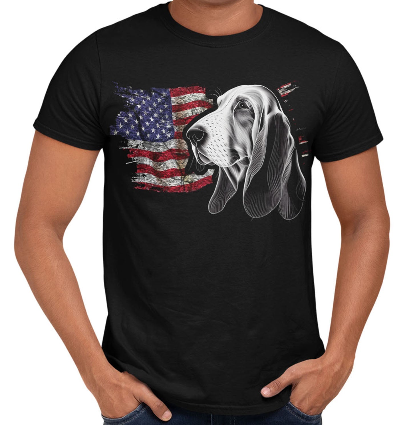 Patriotic Basset Hound American Flag - Adult Unisex T-Shirt