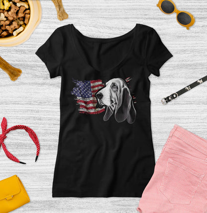 Patriotic Basset Hound American Flag - Women's V-Neck T-Shirt