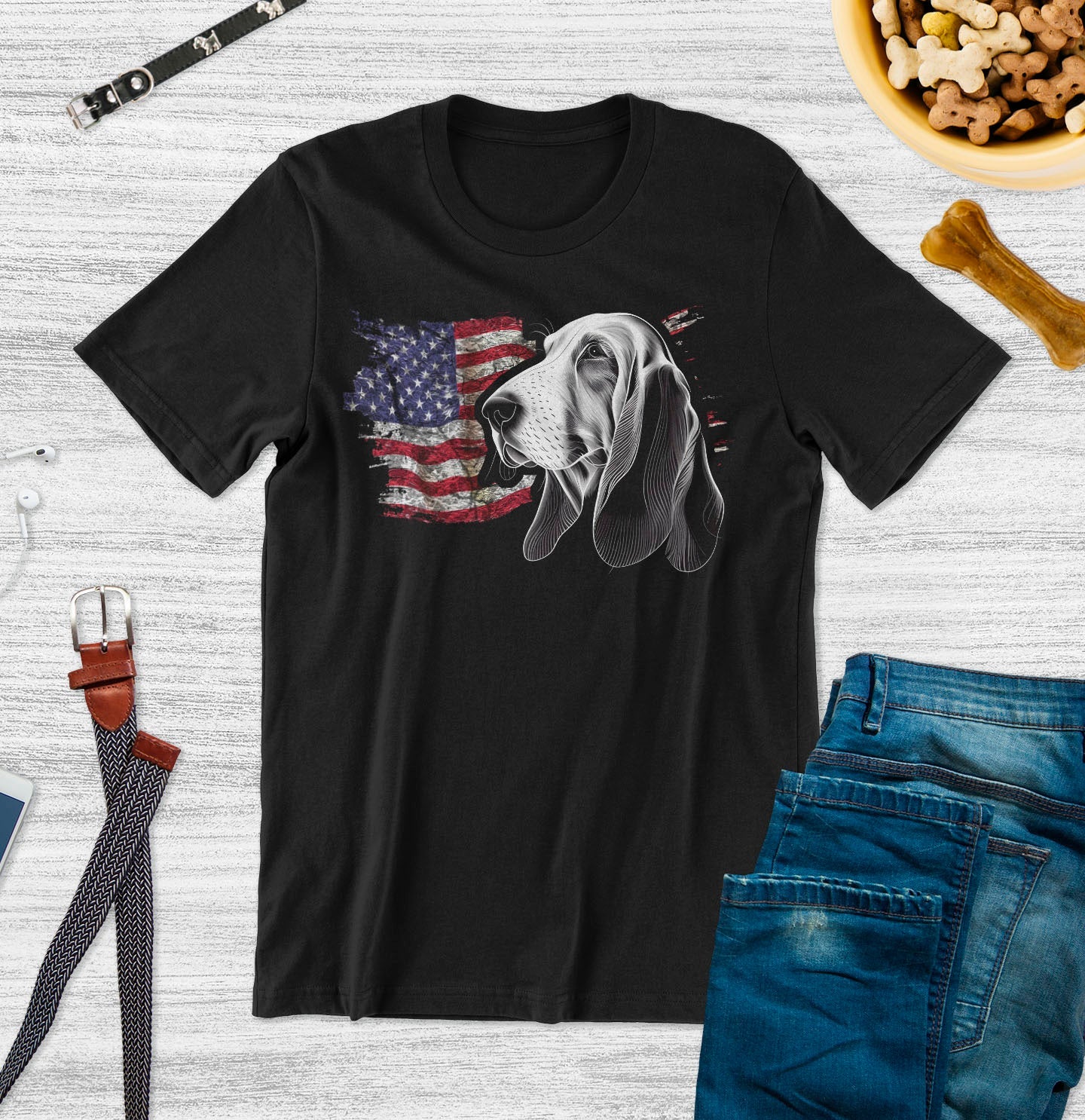 Patriotic Basset Hound American Flag - Adult Unisex T-Shirt