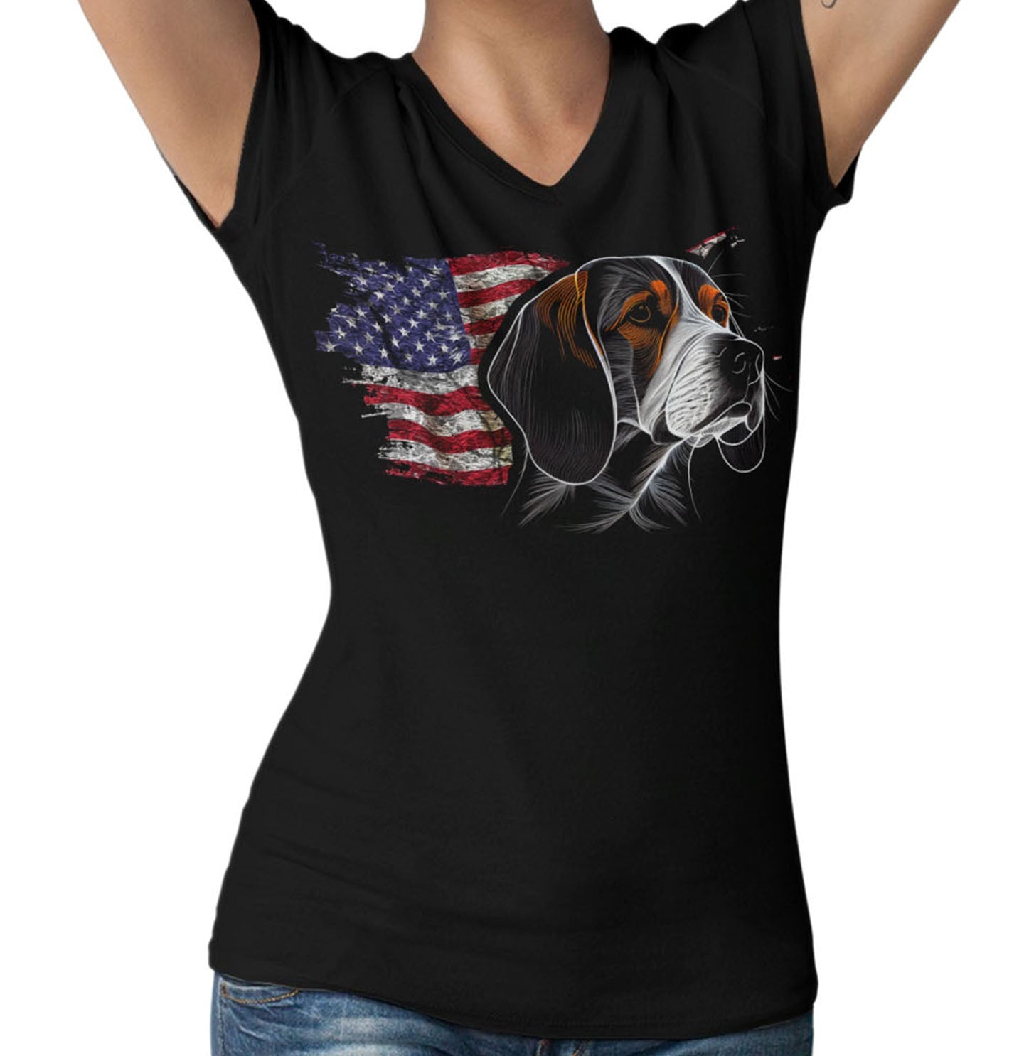 Patriotic Beagle American Flag - Women's V-Neck T-Shirt
