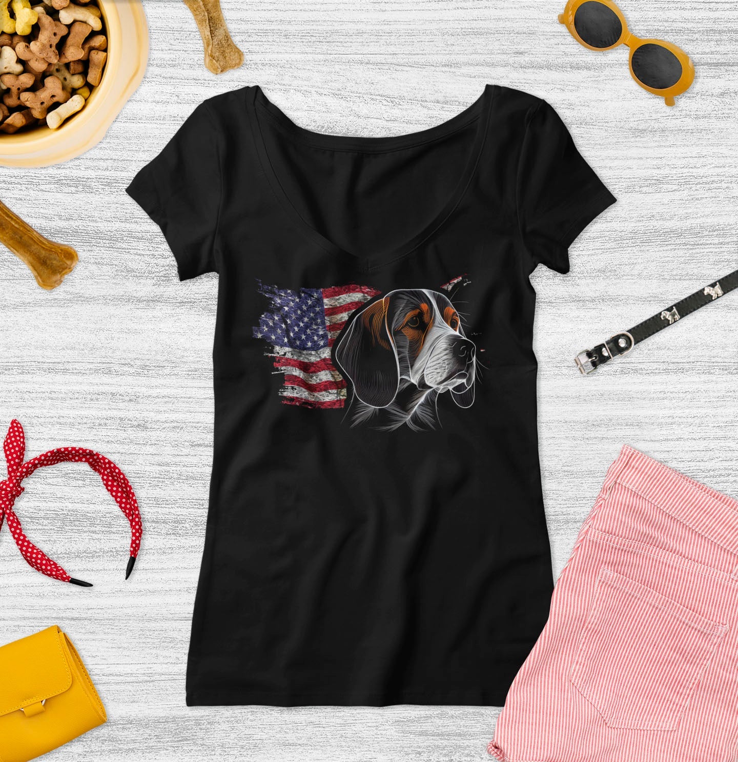 Patriotic Beagle American Flag - Women's V-Neck T-Shirt