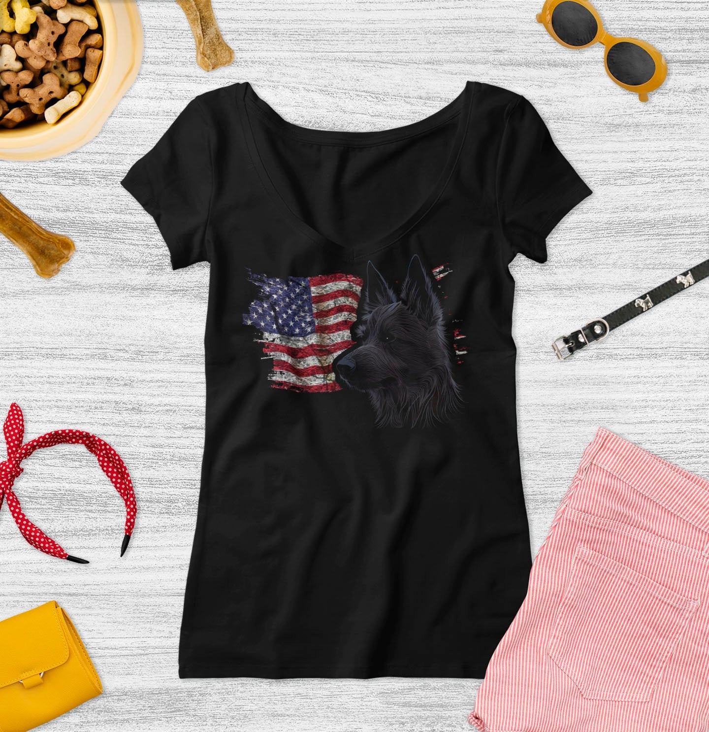 Patriotic Belgian Laekenois American Flag - Women's V-Neck T-Shirt