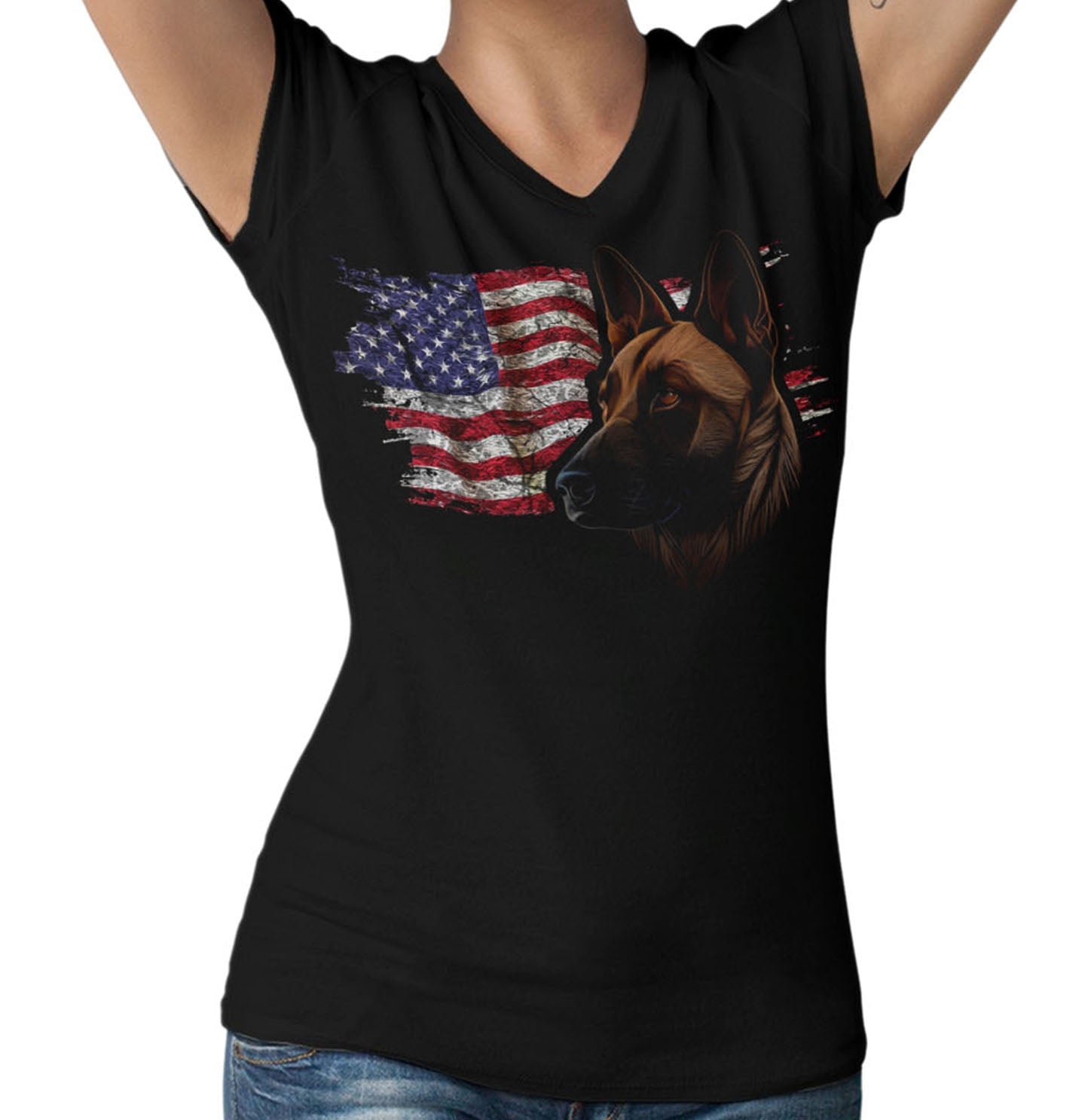 Patriotic Belgian Malinois American Flag - Women's V-Neck T-Shirt