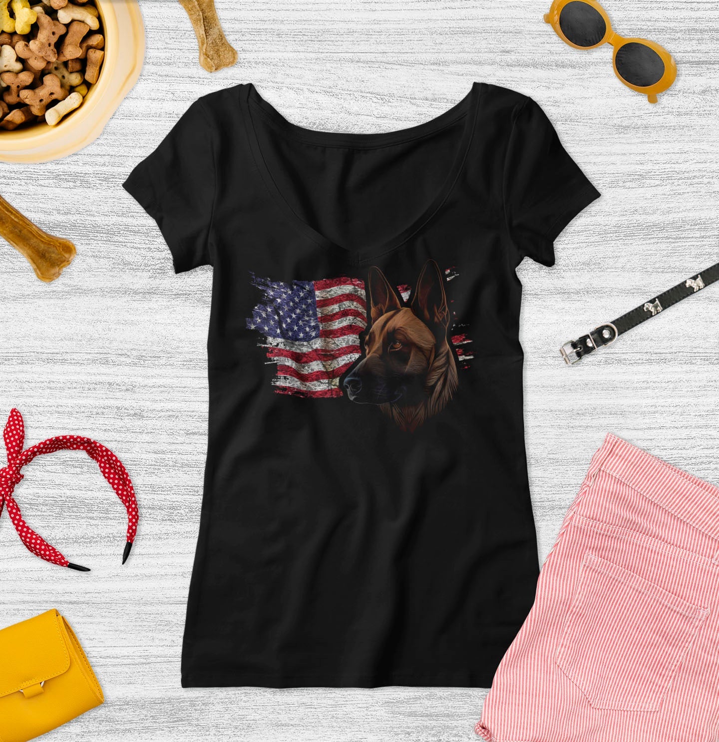 Patriotic Belgian Malinois American Flag - Women's V-Neck T-Shirt