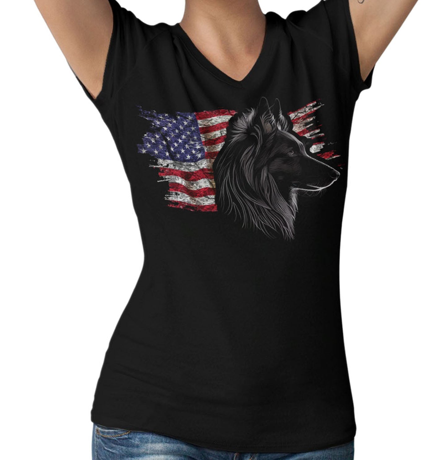 Patriotic Belgian Sheepdog American Flag - Women's V-Neck T-Shirt